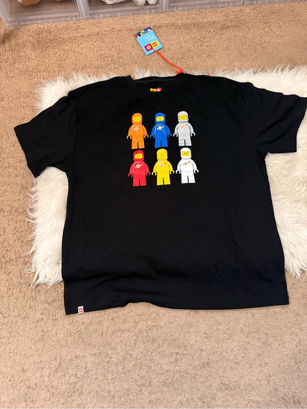 Lego Black Tee with Orange Blue and Gray Minifigures